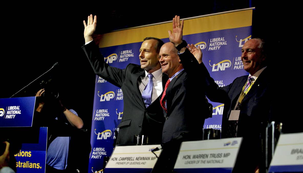 Opposition leader Tony Abbott with Queensland Premier Campbell Newman at the LNP Convention at the RNA showgrounds, Brisbane. Photograph taken by Michelle Smith. 