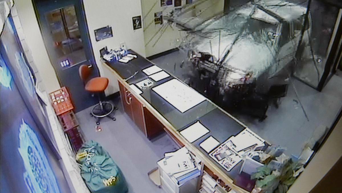 WARRNAMBOOL: The moment a car slammed through the front doors of the Warrnambool Police Station taken from the station's CCTV system