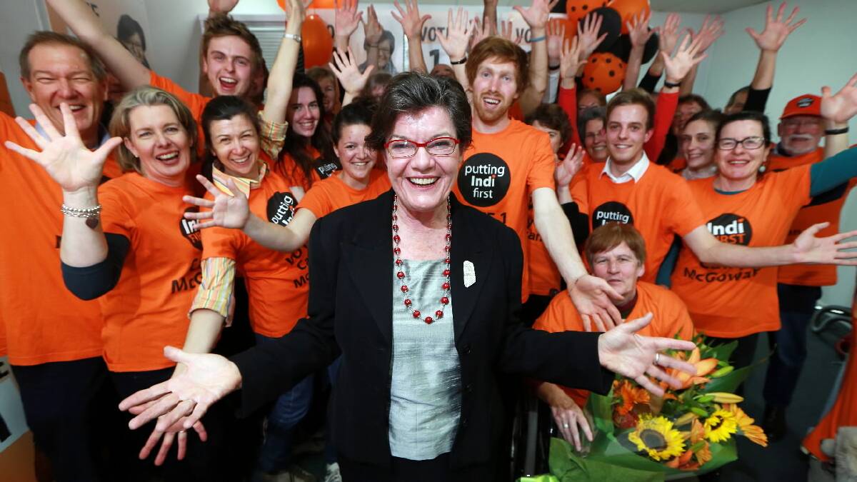 Cathy McGowan celebrates with her supporters in Wangaratta. Picture: JOHN RUSSELL