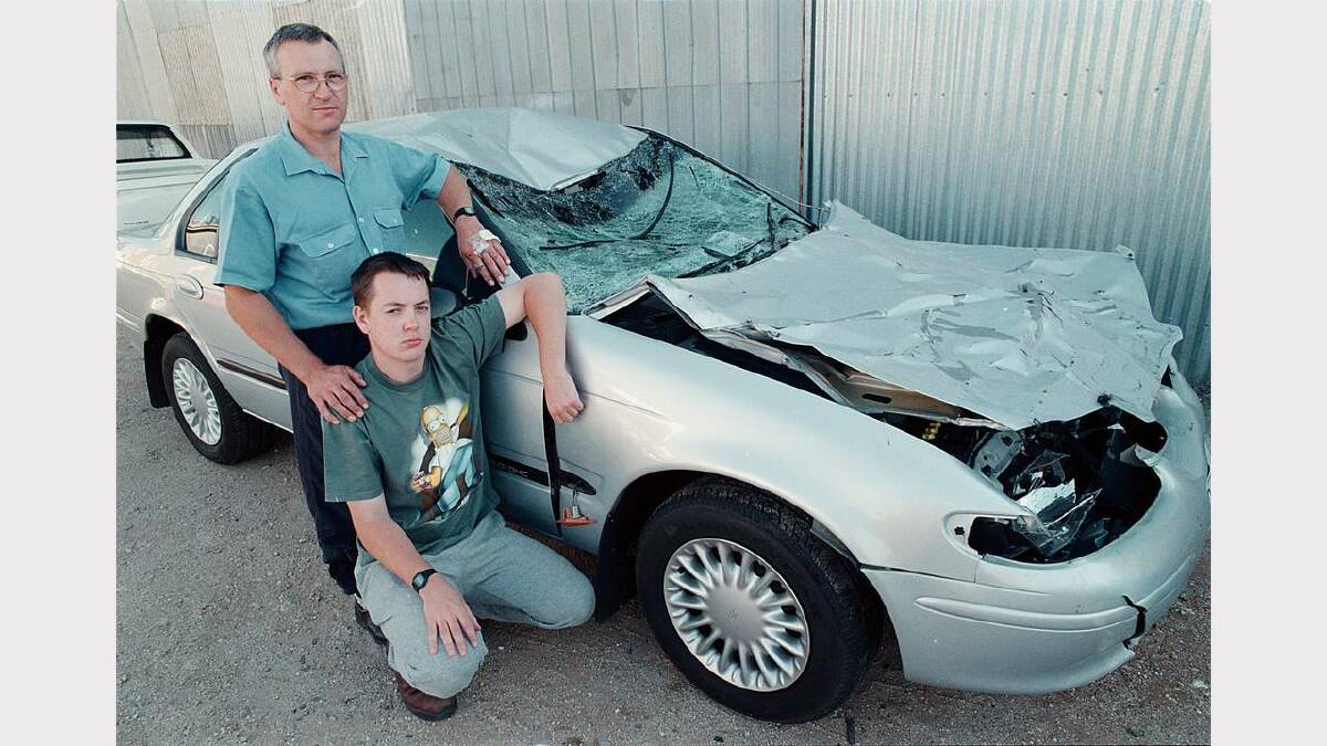 Mertyn Oxley and Peter Oxley of Rutherglen who crashed into a cow on Spring Drive, Corowa and were saved by the bonnet stopping the cow coming through the windscreen. Picture: CHRIS McCORMACK
