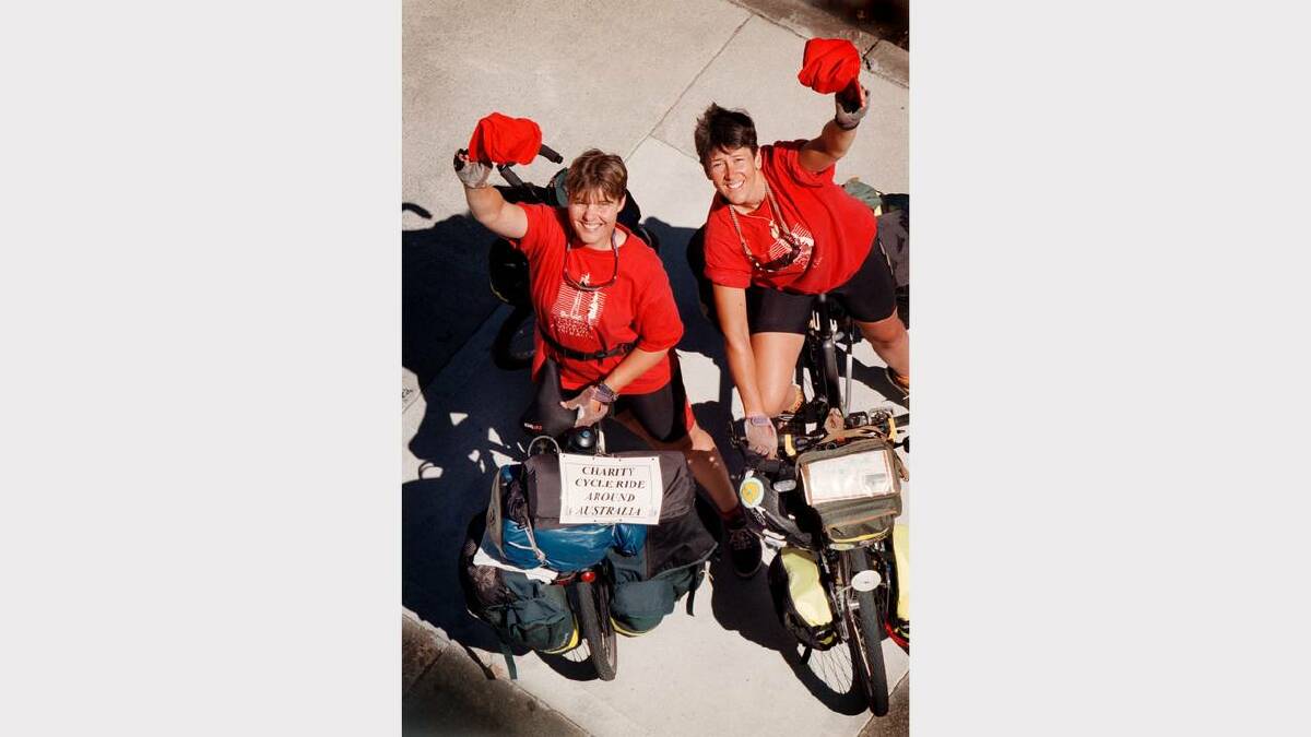 Penny Bird and Helen West are the self-styled 'Whizzers of Oz', two English girls from Hertforshire who are on a 12-month bicycle journey around Australia to raise money for cancer kids. Picture: PETER BATSON
