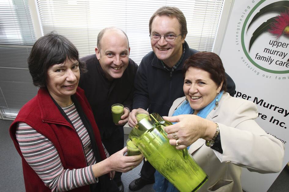 Upper Murray Family Care staff Jan Kowarzik, Steve Thompson, Paul Andrews and Fran Stoner with their healthy green smoothie. Pictures: MARK JESSER