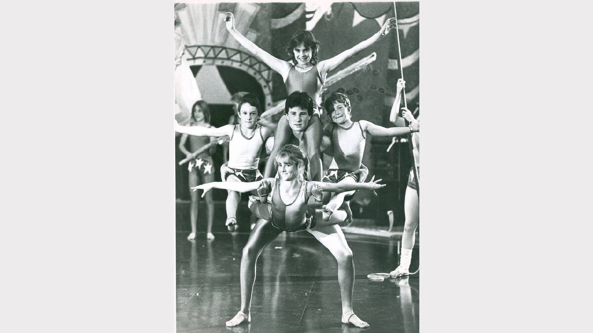 The Flying Fruit Fly Circus toured Britain in 1988. Pictured at a practice session is Brook Lester, Leon Cottom, Alan Close, Gerry Robertson and Christy Shelper.