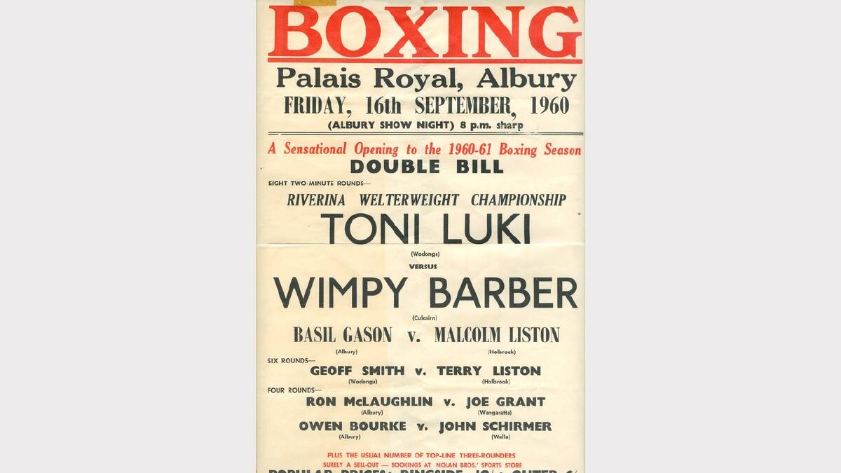 A 1960 poster for a night of boxing at the Palais Royal in Albury.
