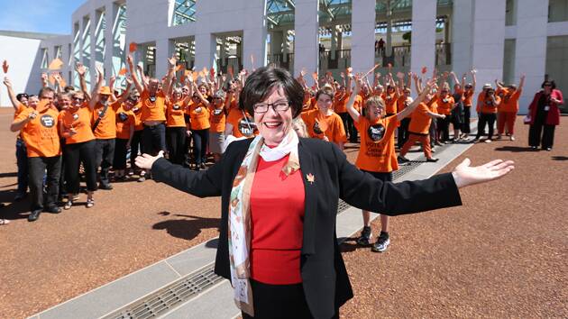 Cathy McGowan and her supporters outside Parliament House in Canberra today. Picture: MATTHEW SMITHWICK