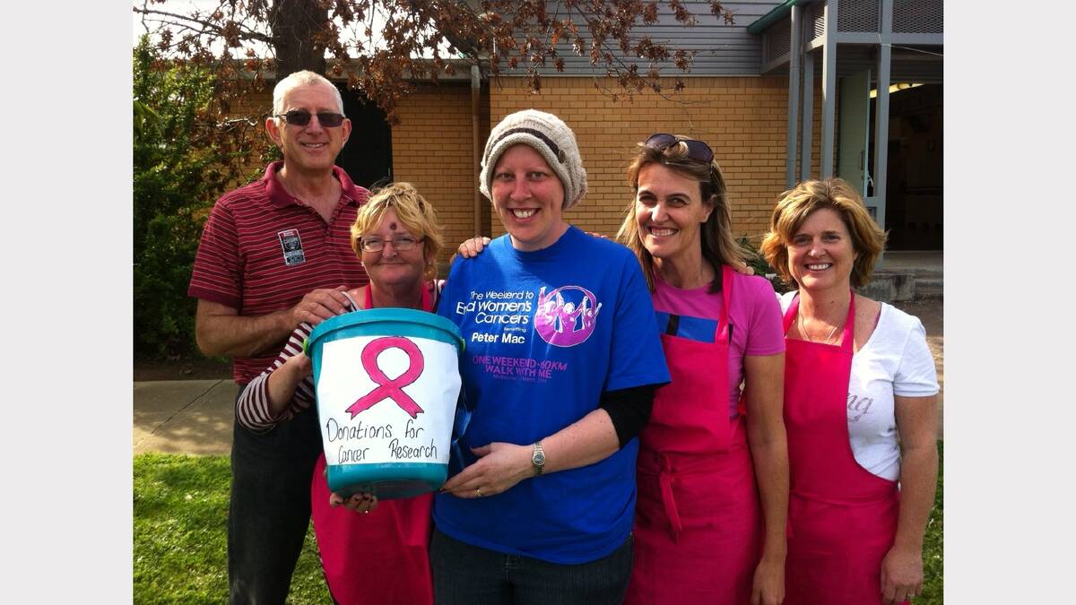 2.30PM: Max Lorden, of Melbourne, Cathy Fischer, Kristy McMahon, Lisa Hogan, and Tina Baker, of Howlong, sold sausages at the polling centre in Howlong, raising $912 for the Peter MacCallum Cancer Centre.