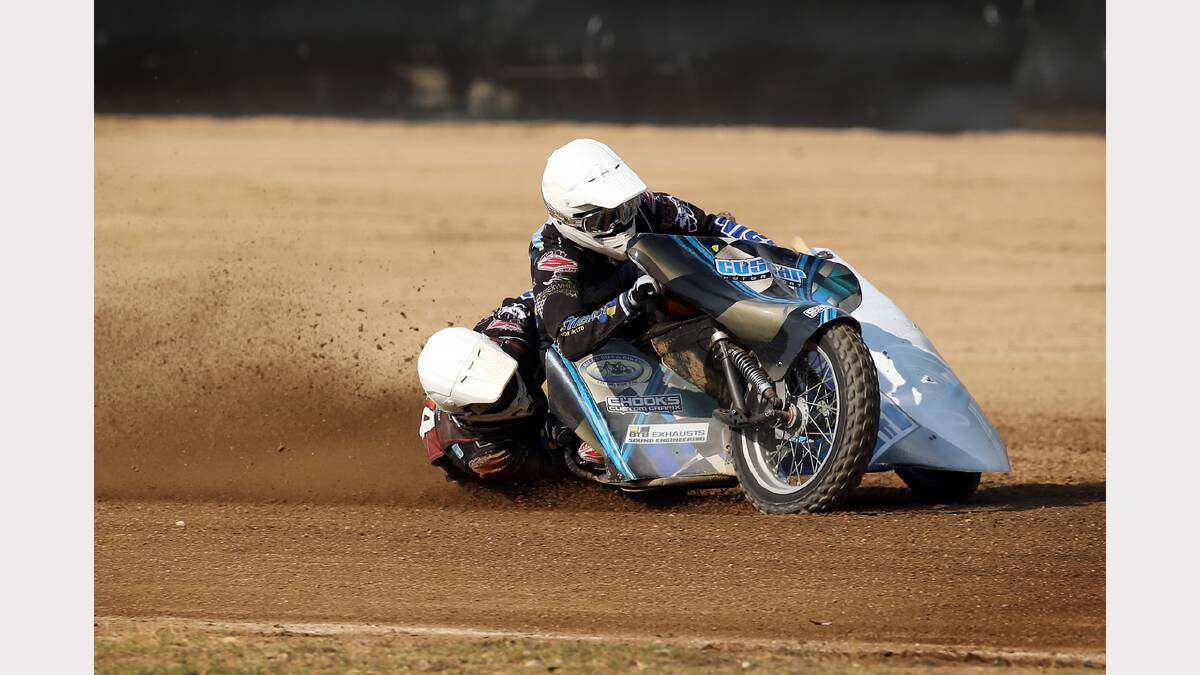 Mark Cossar and Darryl Whetstone lead the action in heat 13 of the Sidecar Grand Slam Series at the Lincoln Causeway on Saturday.
