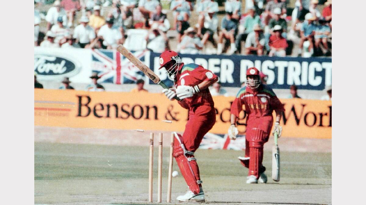 Zimbabwean batsman Andy Flower is bowled for just 7 by Phillip DeFreitas during the 1992 World Cup clash at the Lavington Sports Oval.
