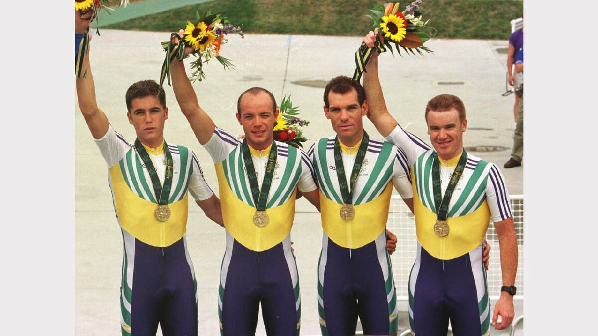  Australian cyclists from left, Bradley McGee, Timothy O'Shannessey, Dean Woods, Stuart O'Grady pose with their bronze medals for the teams pursuit in Atlanta.  