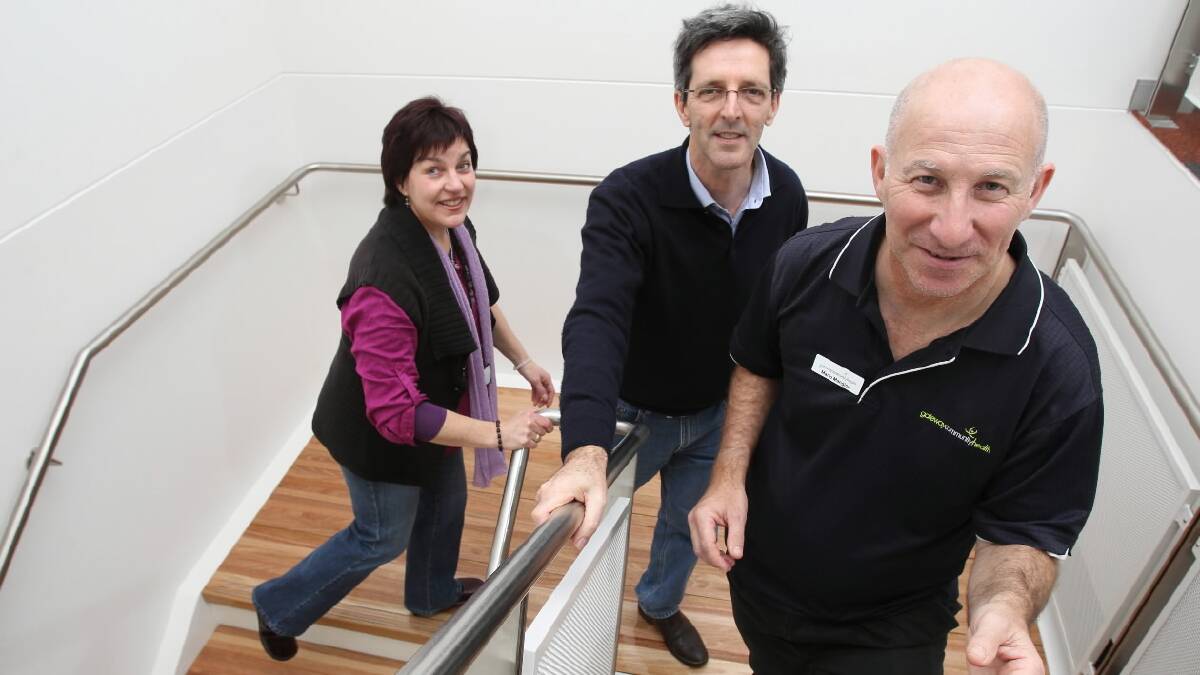 Gateway Community Health counsellor Julie Willis, health promotion co-ordinator   Peter Muldoon and OH&S co-ordinator Mario Mangion taking part in the stairs challenge to promote health in the workplace. Picture: MARK JESSER
