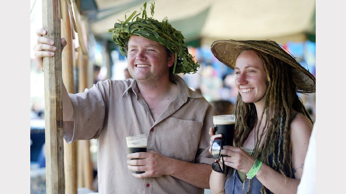 Eldorado Festival of Folk, Rhythm and Life. Tim Connell from Melbourne is wearing a Willow and Cumbungi Weed hat with his friend Belinda Rogers from Melbourne. Picture: KYLIE GOLDSMITH