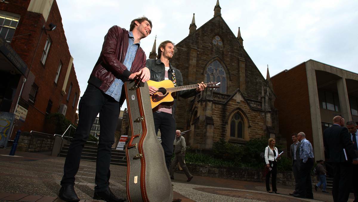 Wollongong buskers, brothers Adrian and Sam James, are ready to entertain people in the mall. Pic: Ken Robertson
