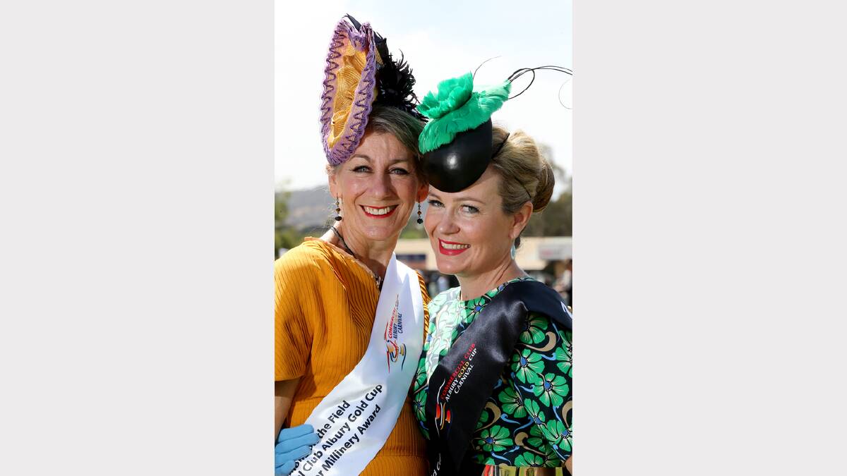 Mother-and-daughter millinery winners Jenny Beard, who came second runner-up, with Laurie Beard, who took the title. Mother Jenny Beard said she was "proud as punch" to be beaten by her daughter. Both wore Jack & Jill Millinery creations.