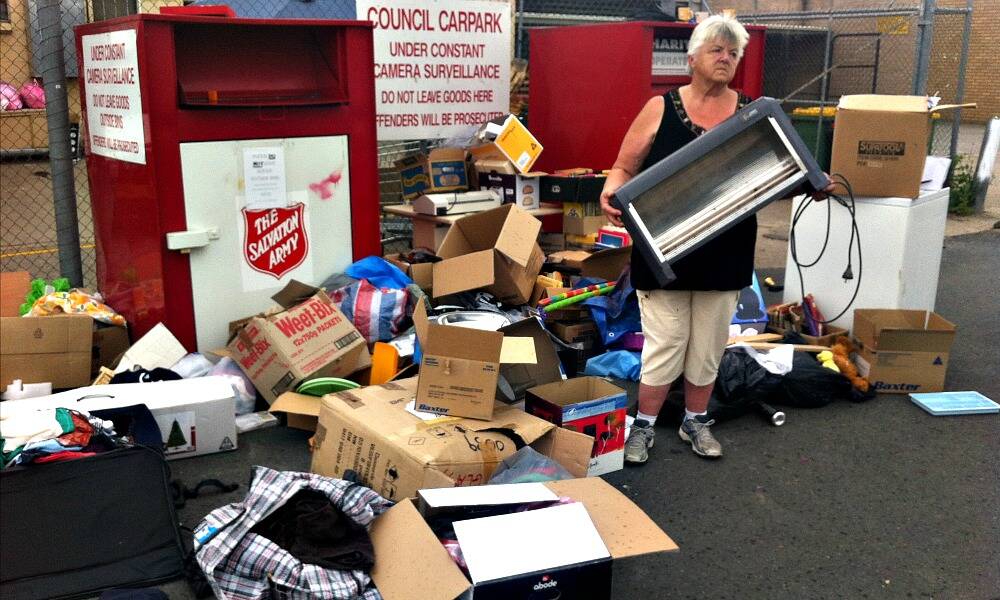 An upset Leola Andersen outside the Salvation Army store this morning. PICTURE: Tammy Mills.