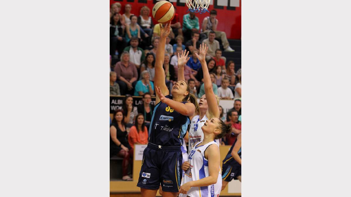 Canberra's Brigitte Ardossi (no. 35) in action during the WNBL match between Canberra Capitals and Bendigo Spirit at the Lauren Jackson Sports Centre. PICTURE: Matthew Smithwick.