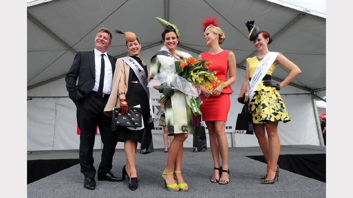 Fashions of the Field judge Wayne Coopers, Lady of the Day runner-up Bobbi Edwards in Wayne Cooper, Lady of the Day Brodie Worrell in Lisa Ho, judge Scherri-Lee Biggs and second runner-up Ashleigh Barri.