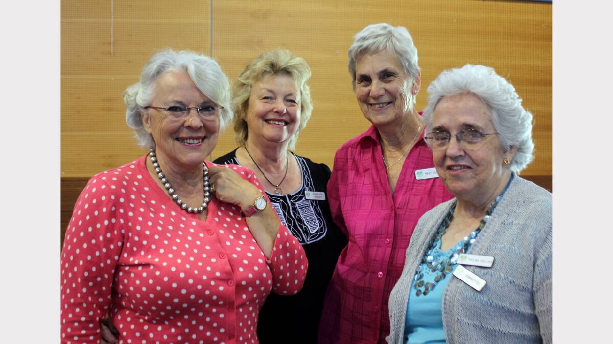 Barbara Ross, Kathleen Kohler, Mary Lefevre and Thelma Collins at the Embroiderers Guild Victoria Albury-Wodonga branch 20th birthday at Mirambeena Community Centre.