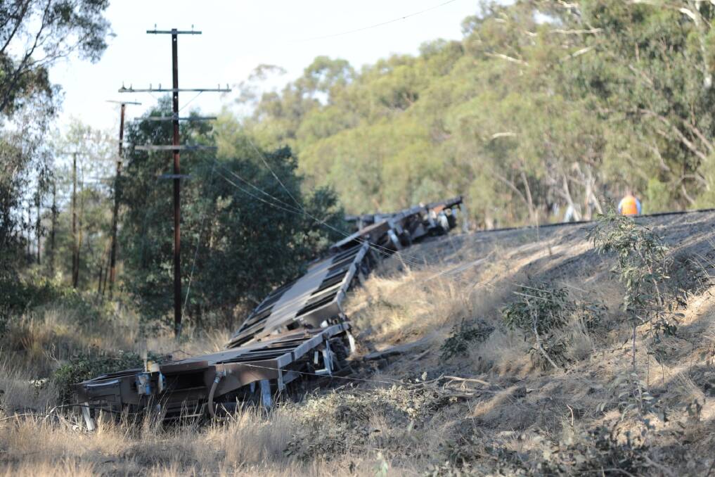 An empty freight train in derailed at Locksley. Picture: MARK JESSER.