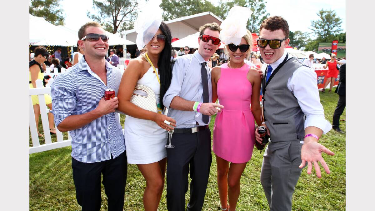  Jimmy Hadson, of Wodonga, Brighdney Adronicos (crt), Ben Beasley, Hannah Beasley, and Will Beasley, of Albury, at the Albury Gold Cup.