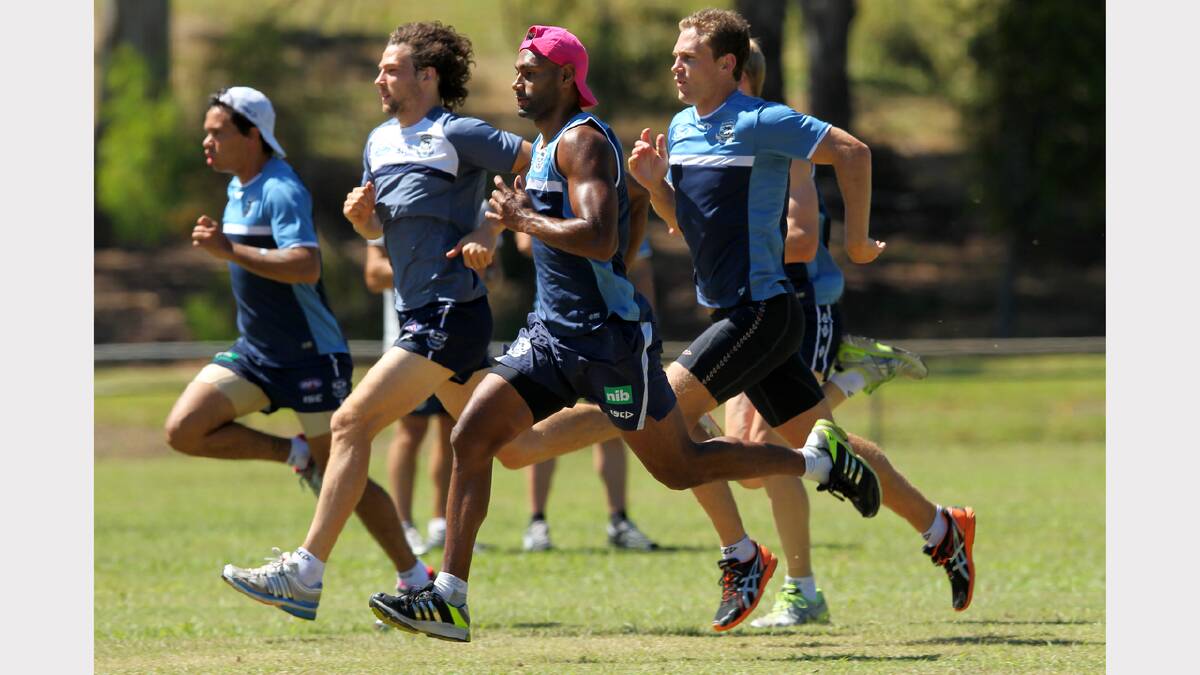 Geelong Football Club trains at the Mt Beauty football ground for the AFL pre-season. Joel Selwood and Travis Varcoe stride out.