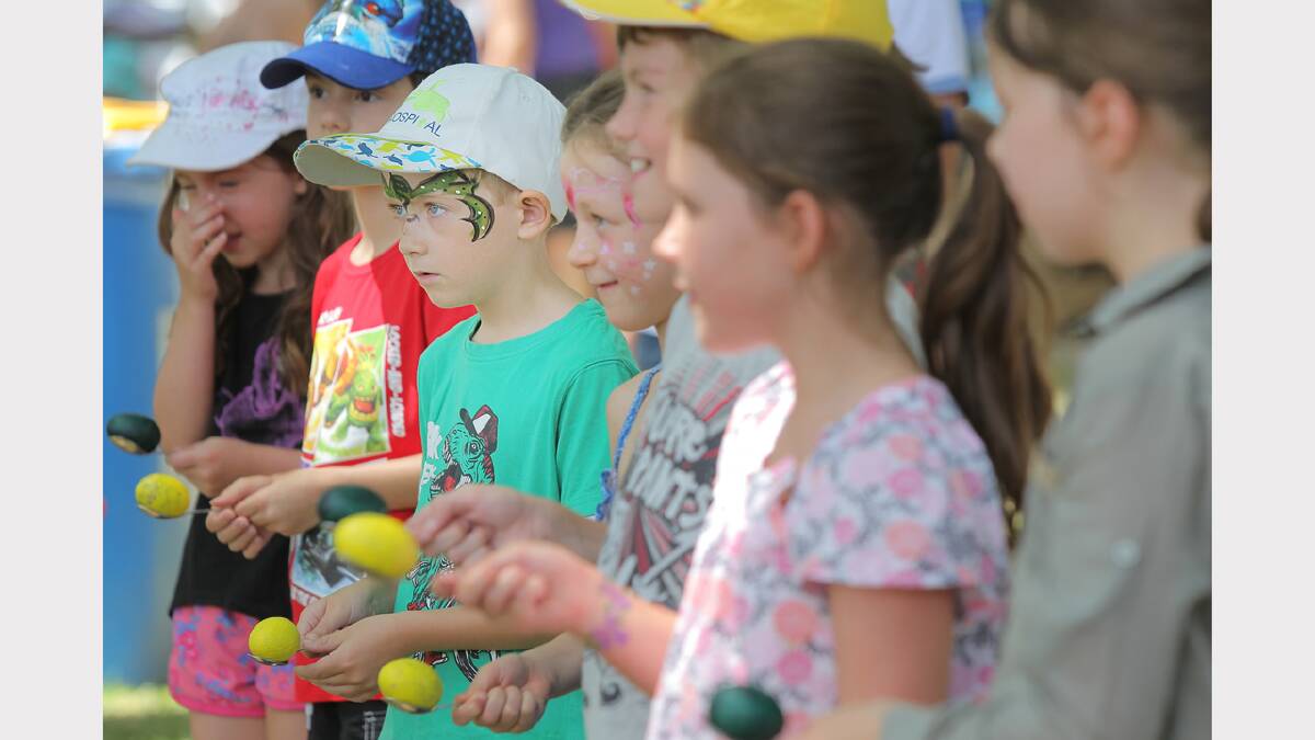 Noreuil Park, Australia Day Ceremony 2013, Seth Magann, 8, of Wodonga, (in green top, third from left) is a picture of concentration at the start of the egg and spoon race. PICTURE: Tara Goonan.