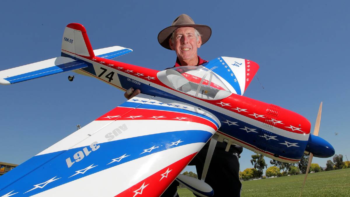   Frank Battan from The Oaks in NSW with his Yak-55 control line model plane. Picture: DAVID THORPE