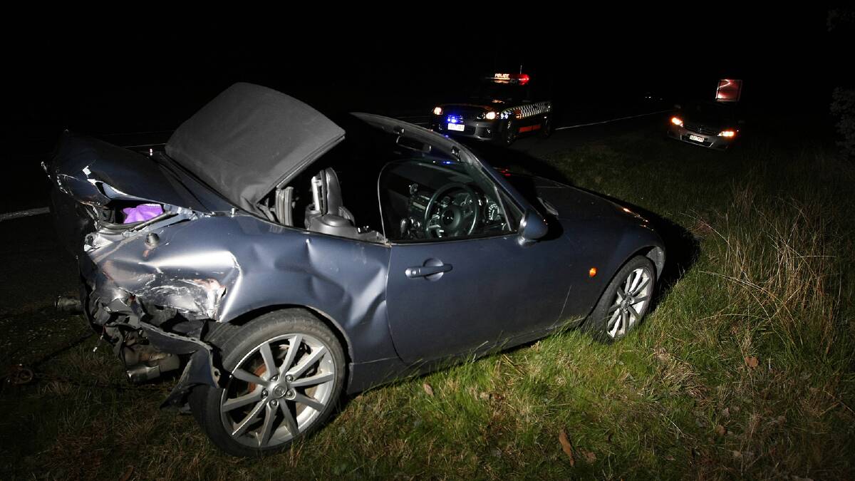 The road rage victim’s Mazda MX-5  lies a wreck after the incident. Picture: JOHN RUSSELL