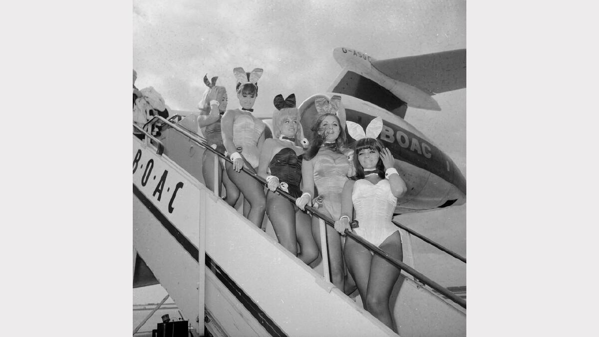 24th April 1966:  A group of British Playboy Bunny girls (Kathleen Bascombe, Dolly Read, Catherine MacDonald and Doreen Allen) arriving at London Airport on a BOAC plane.  