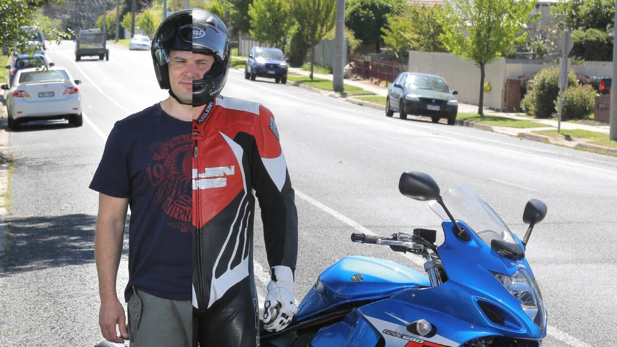  Leading Senior Constable Mick Globen, of Wodonga Highway Patrol, demonstrating the correct and incorrect clothing to wear when riding a motorcycle. In one half he is wearing a one piece leather suit, gloves, boots and full face helmet, and in the other half he is wearing an open face helmet, shorts and a tshirt. 