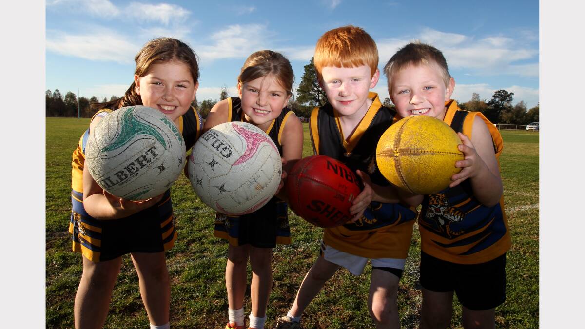 35. Walbundrie kids Abbey Hogan, Kate Webster and Charlie Seidel, all 9, and Brodie Lieschkie, 6.Picture: MARK JESSER