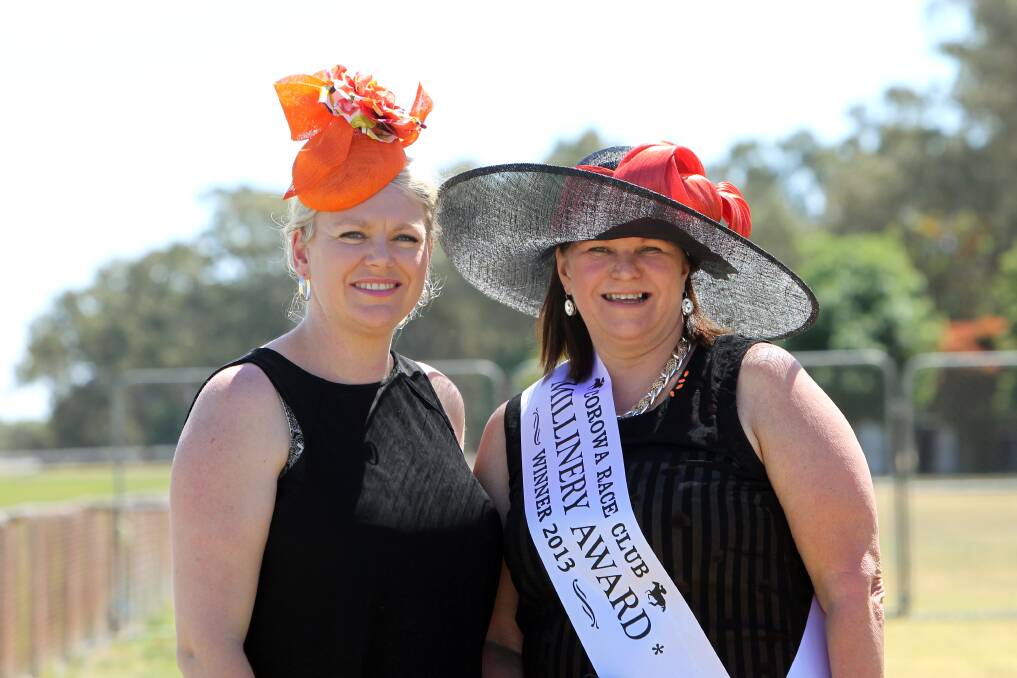 Rachael Hart and her best friend Kaye Ferguson, who finished runner-up and first respectively in the millinery awards yesterday.