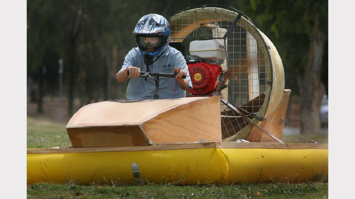  Rick Taylor, 16 tries out the hover craft that students from the Wodonga Middle Years Felltimber Campus have built. Picture: DAVID THORPE