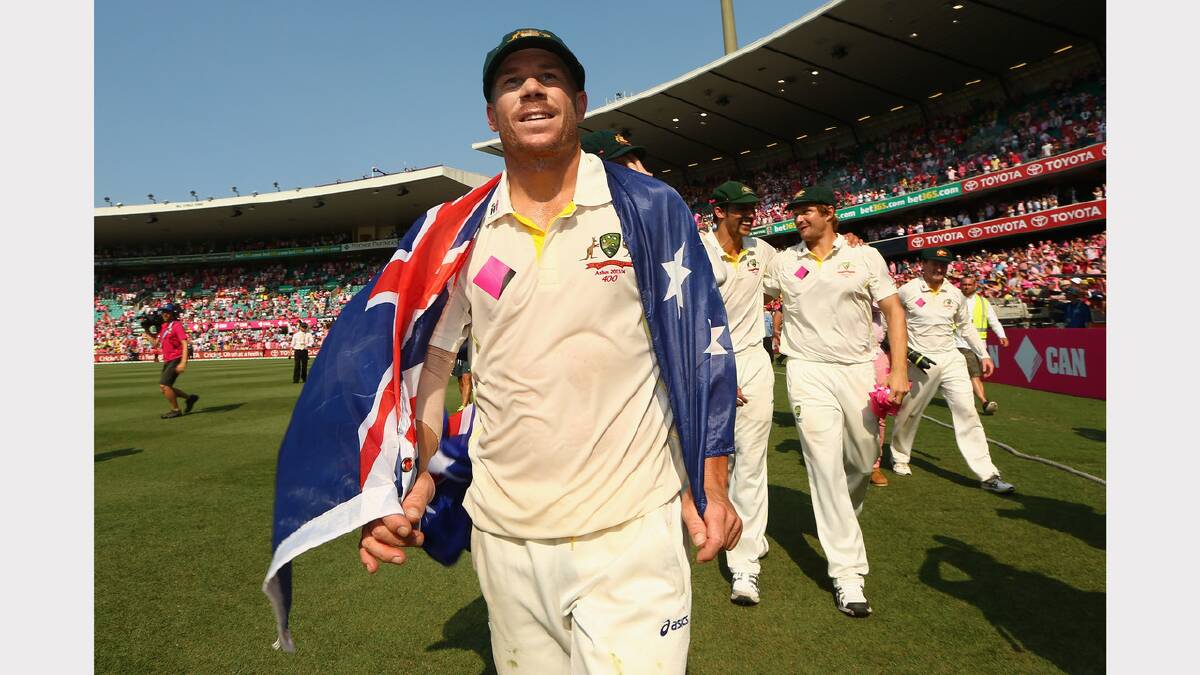 David Warner, of Australia, celebrates after winning the Ashes series.