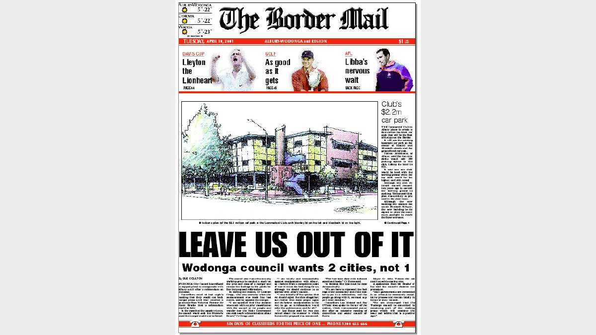 Front page Border Mail of 10th April, 2001.