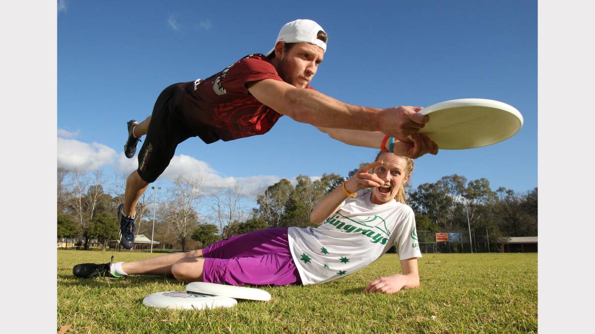 33. Wodonga's Brendan Ashcroft, 23, and Melbourne's Emilya Toney, 22, enlighten the Border on the art of the frisbee. Picture: MARK JESSER