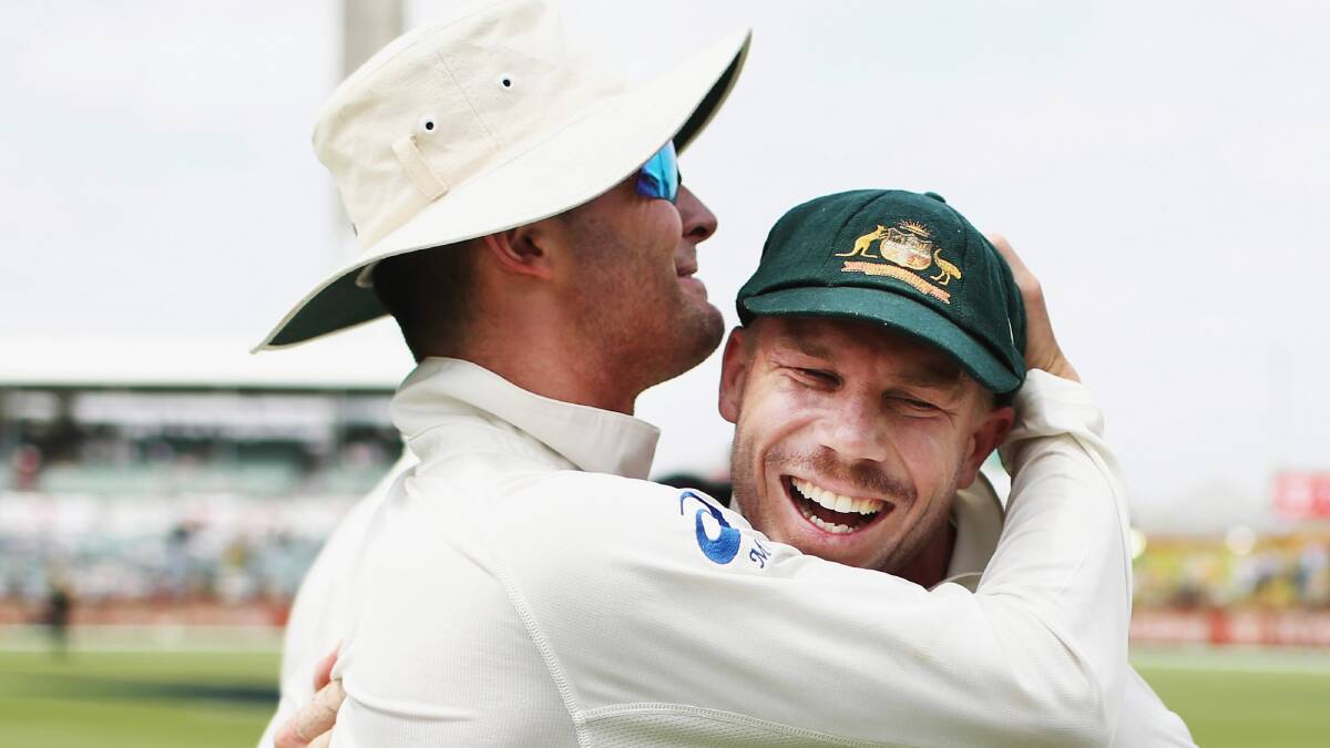 Michael Clarke and David Warner of Australia celebrate victory. Picture: GETTY IMAGES