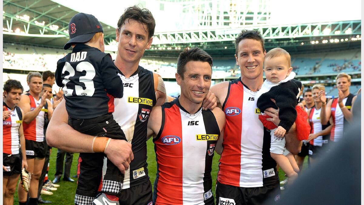 Stephen Milne,Jason Blake and Justin Koschitzke leave the ground for the last time after retiring. (2013) Picture: FAIRFAX