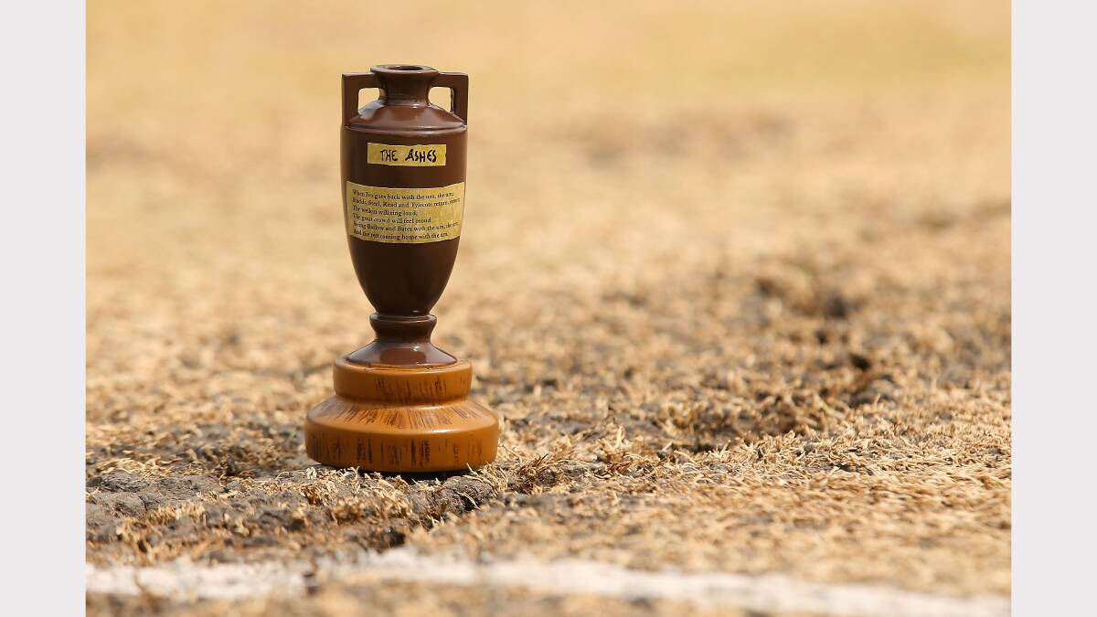 A replica Ashes urn is pictured on the pitch before start of play on day four of the third Ashes test match. Picture: GETTY IMAGES