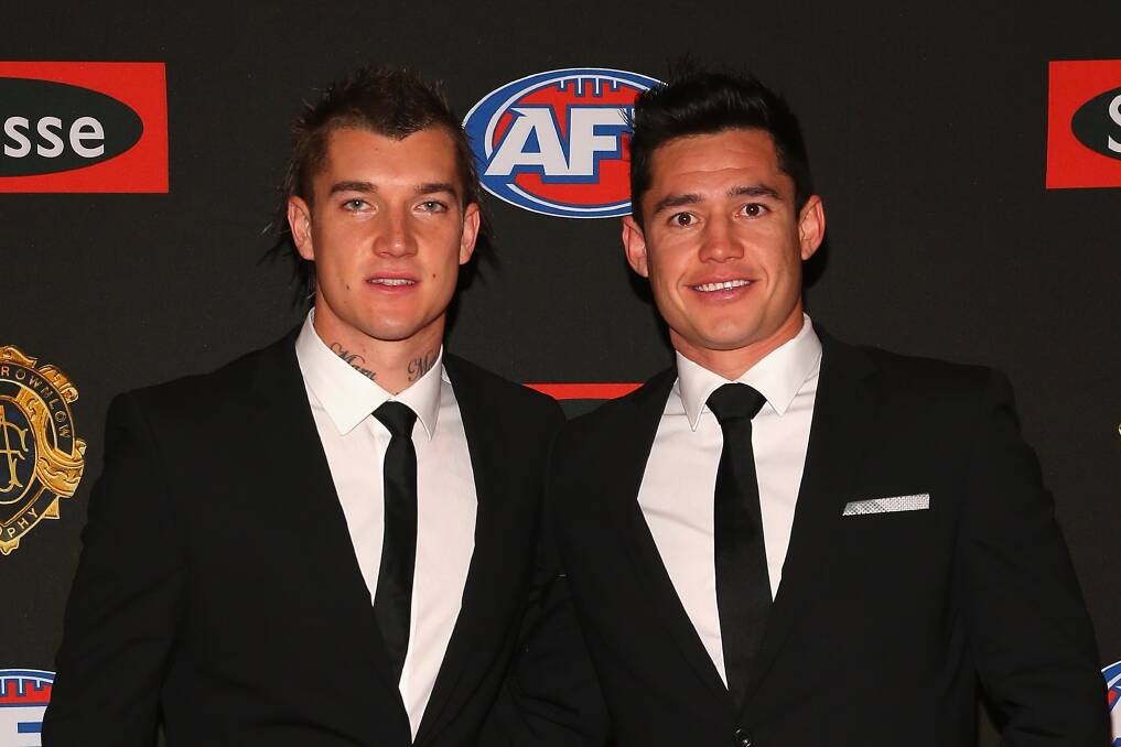 Dustin Martin and Aaron Edwards of the Tigers arrive ahead of the 2013 Brownlow Medal at Crown Palladium. Picture: GETTY IMAGES