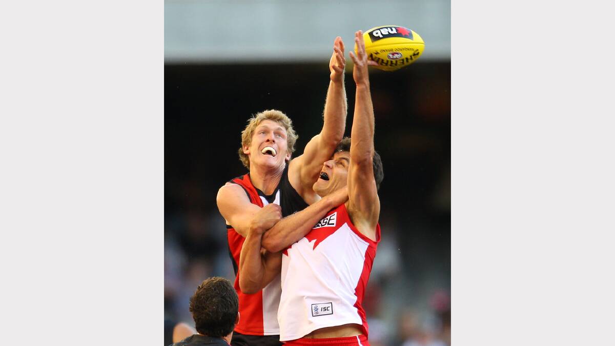 Ben McEvoy of the Saints and Mark Seaby of the Swans compete for the ball during the round one NAB Cup AFL match between the St Kilda Saints and the Sydney Swans at Etihad Stadium. Picture: GETTY IMAGES