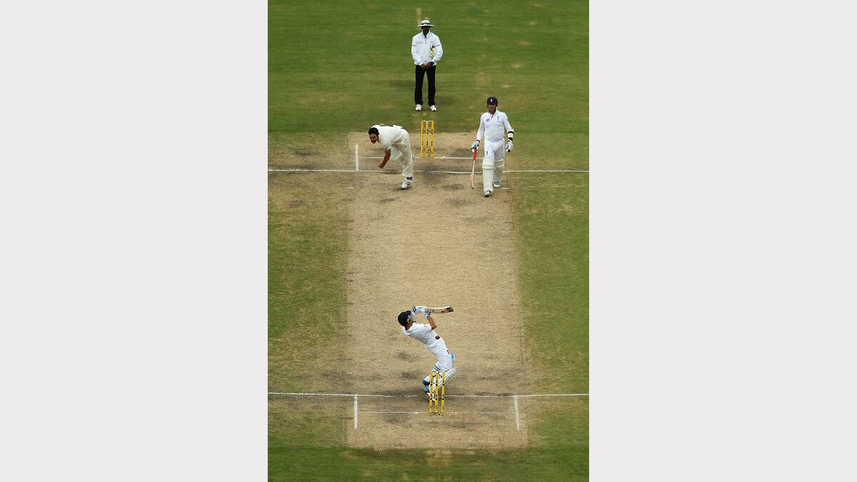 Mitchell Johnson of Australia bowls to Matt Prior of England during day five of Second Ashes Test Match. Picture: GETTY IMAGES