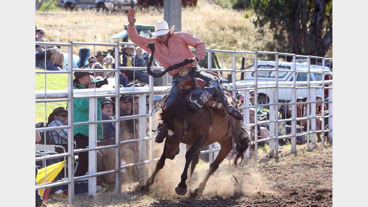 Saddle and Bareback Bronc - Cody Angland almost takes out the fence 