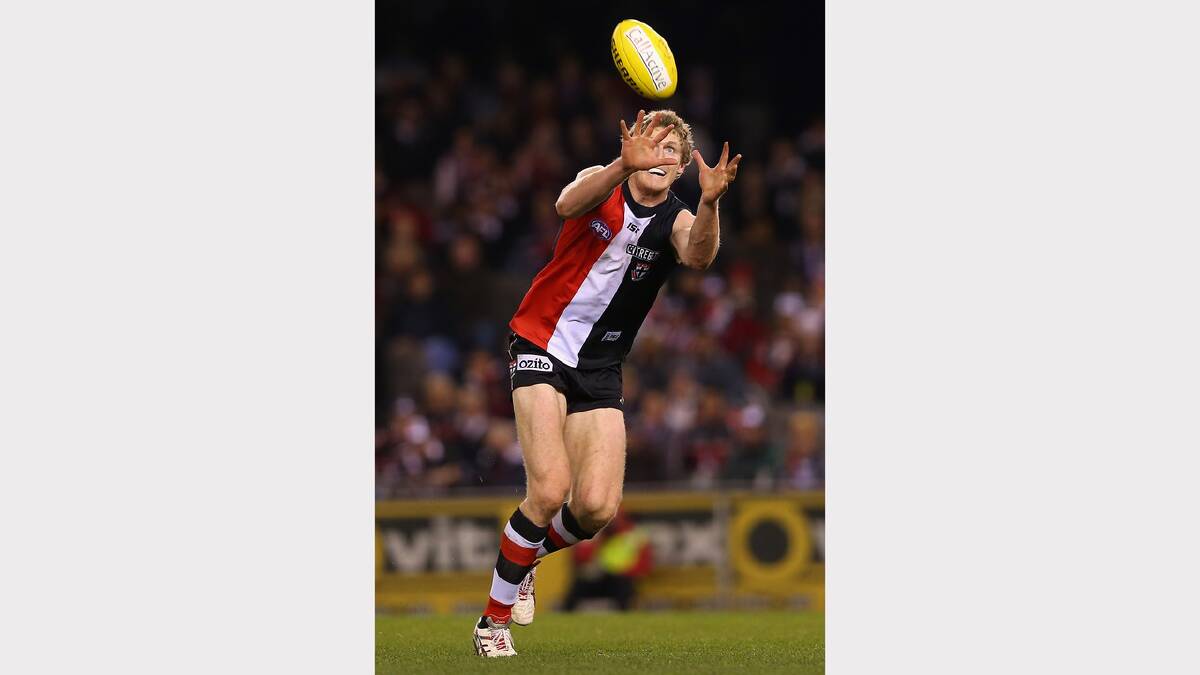 Ben McEvoy of the Saints marks during the round 14 AFL match between the St Kilda Saints and the North Melbourne Kangaroos. Picture: GETTY IMAGES