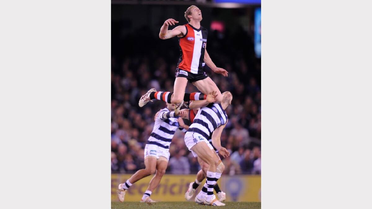 St.Kilda's Ben McEvoy rides Geelong's Trent West at the centre bounce. Picture: FAIRFAX