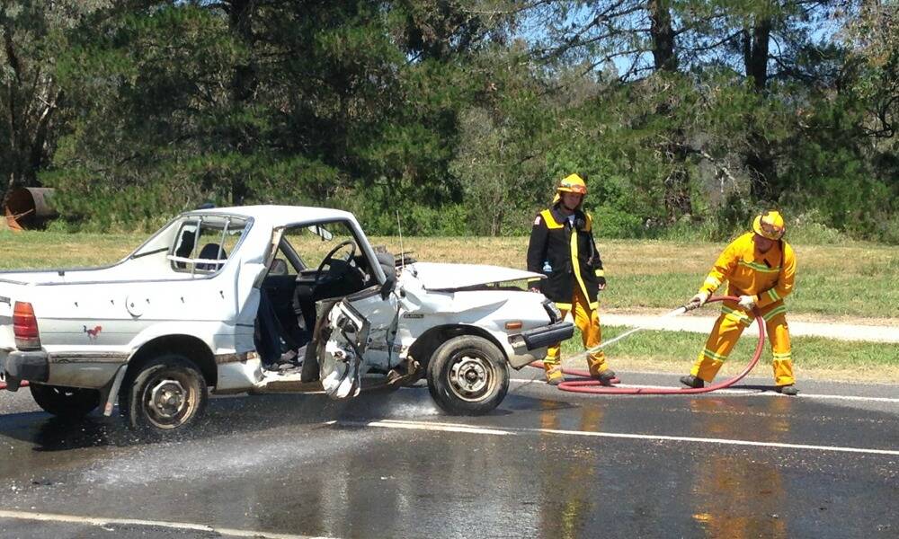 The ute involved in a fatal car crash near Ovens this morning. Picture: CHLOE BOOKER