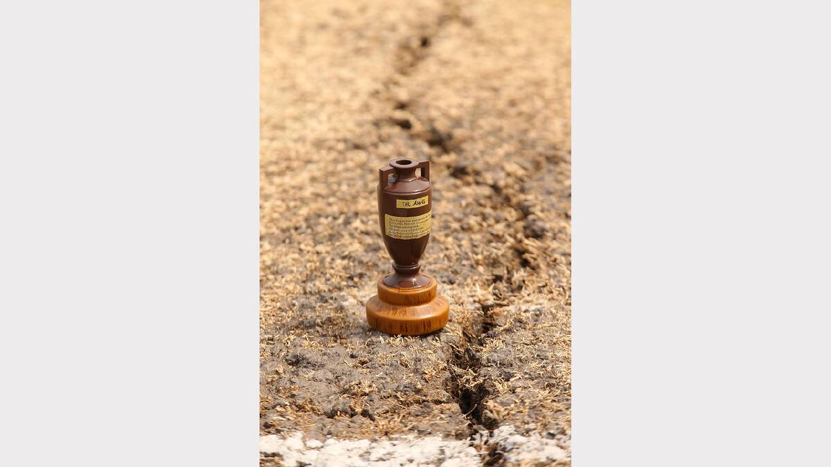 : A replica Ashes urn is pictured on the pitch before start of play on day four.