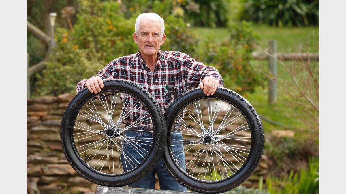 4. Peter Whitbourn with the wheels he has created that will go on a replica plane. Picture: BEN EYLES