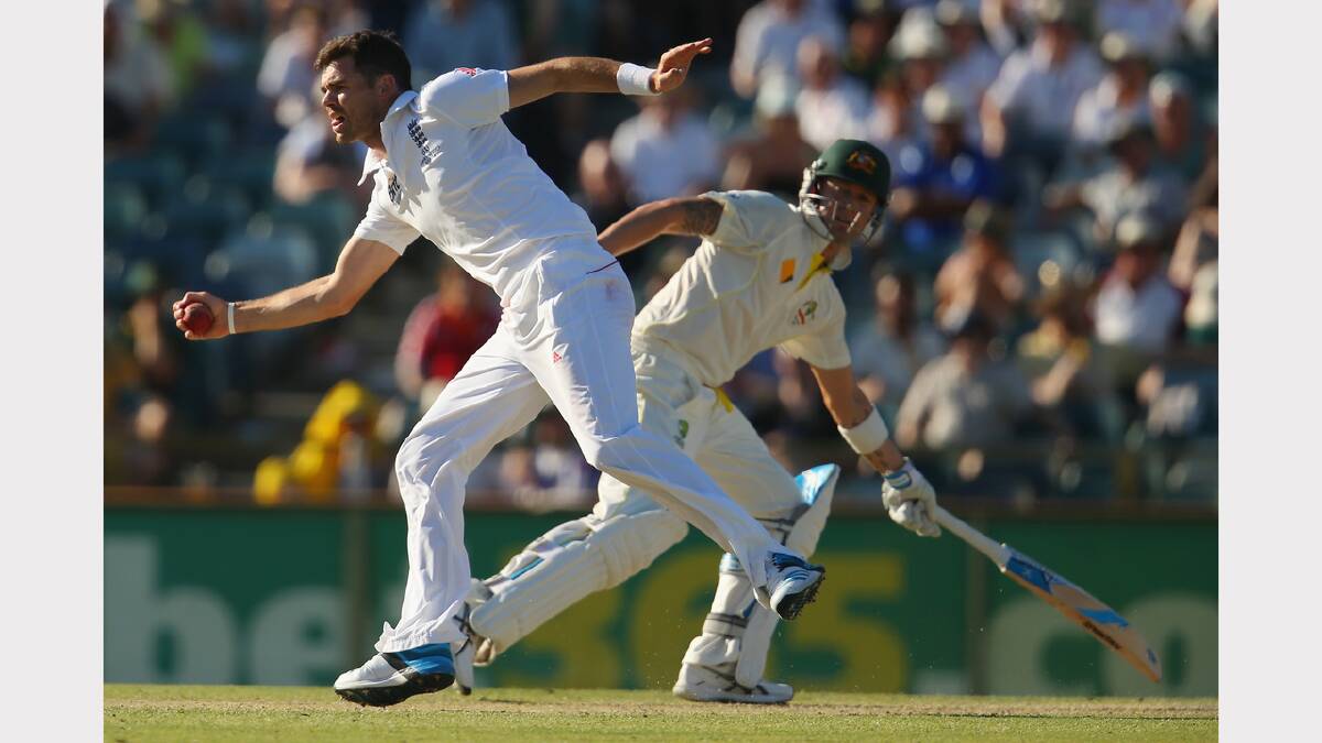 James Anderson of England fields off his own bowling. Picture: GETTY IMAGES