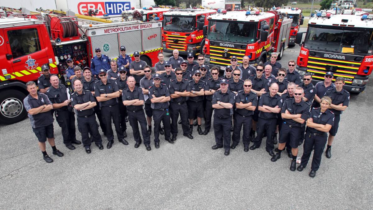 10 trucks and 45 crew from the Metropolitan Fire Brigade met at Thurgoona BP service station. Before heading to the NSW fires. Pictures: MARK JESSER