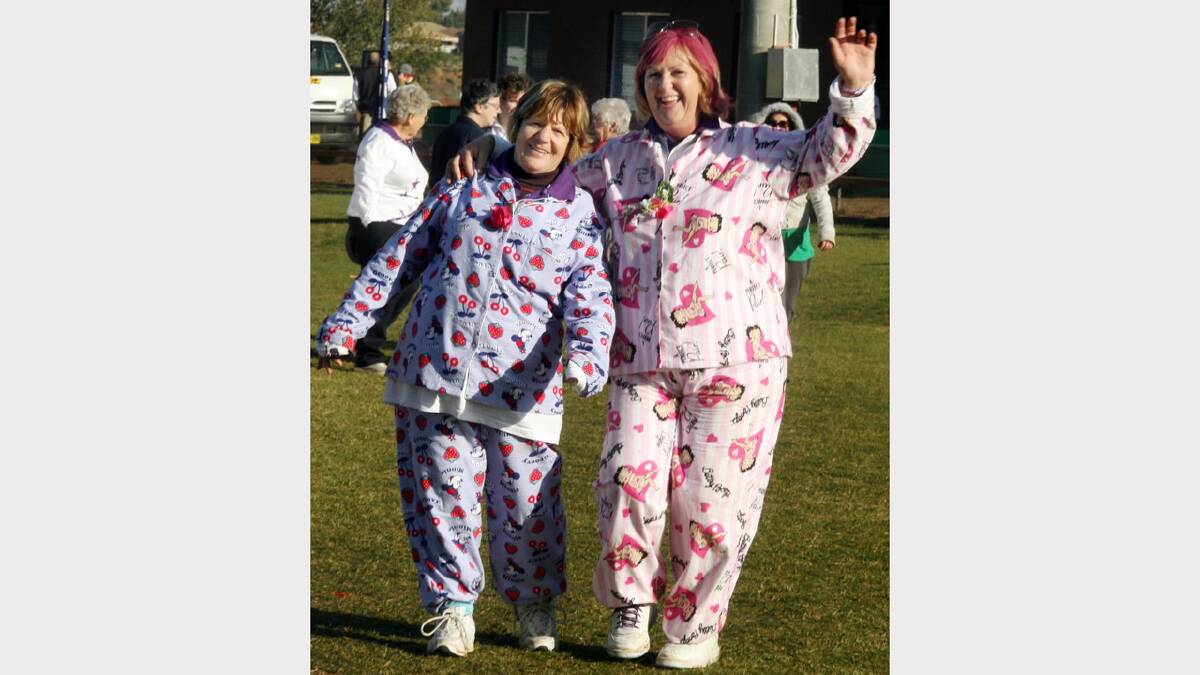 2008 -  Rutherglen's Avice Warnock and Corowa's Lyn Jones walked for the Uncle Toby's team in their PJs. 